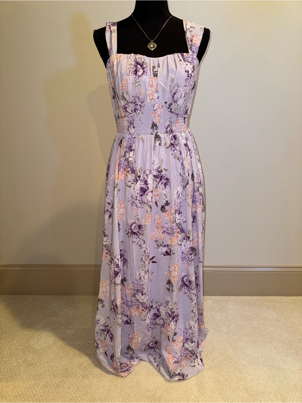 Grace Karin Lilac Floral Maxi Dress with Smocked Waist
